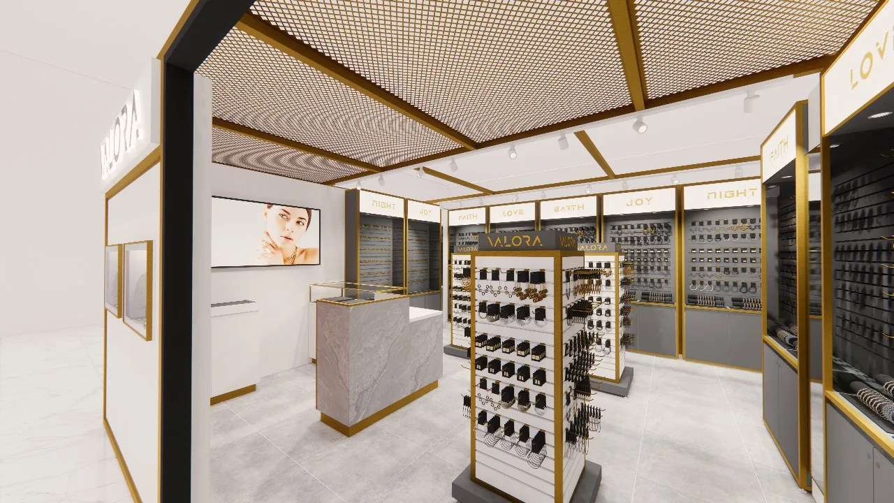Luxury shopfitting with brass display framing