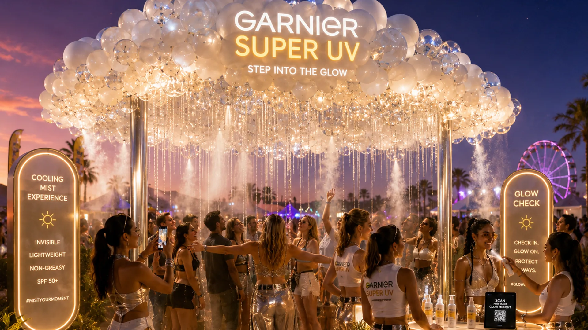 Garnier Super UV festival concept with a chandelier mist cloud over the crowd